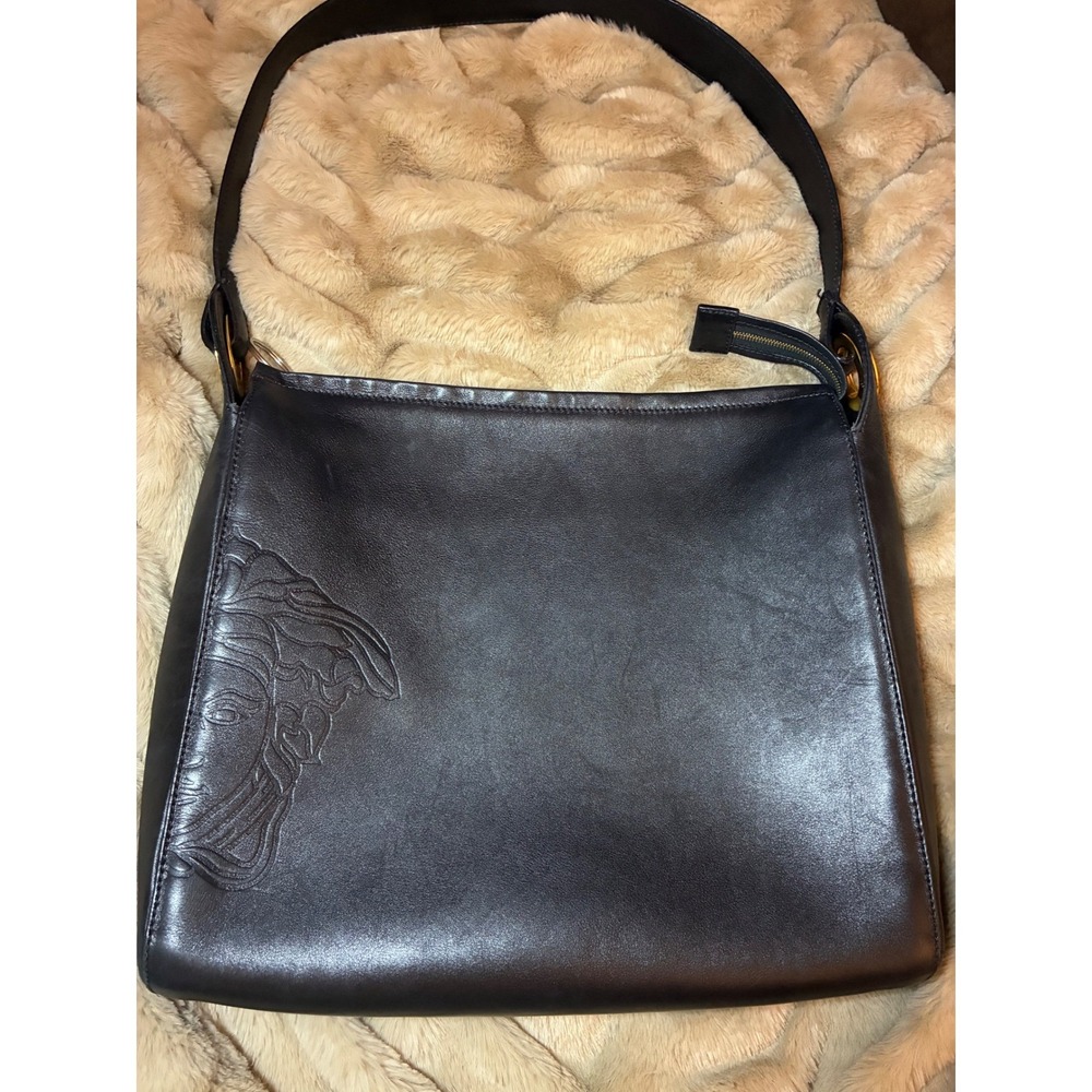 Gianni Versace Vintage Black Leather Medusa Embossed Hobo Shoulder Bag Italy